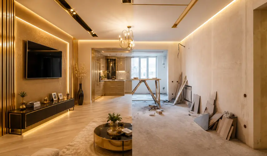 Luxury gold-themed interior maintenance and renovation in Trivandrum