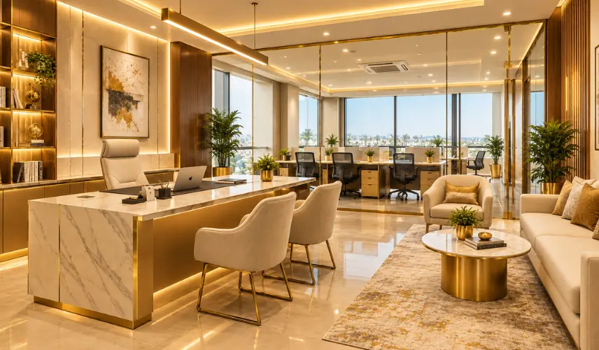 Modern executive corporate office interior with premium finishes, customised furniture, and glass partitions in Trivandrum.
