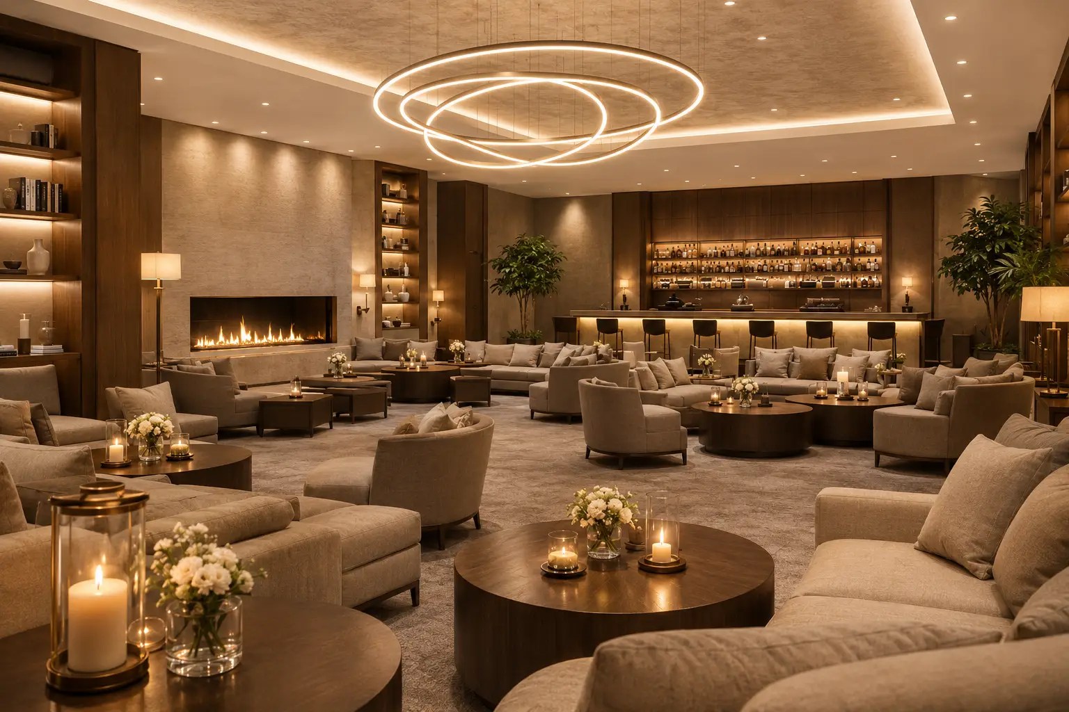 Elegant hospitality interiors with warm ambience and premium finishes