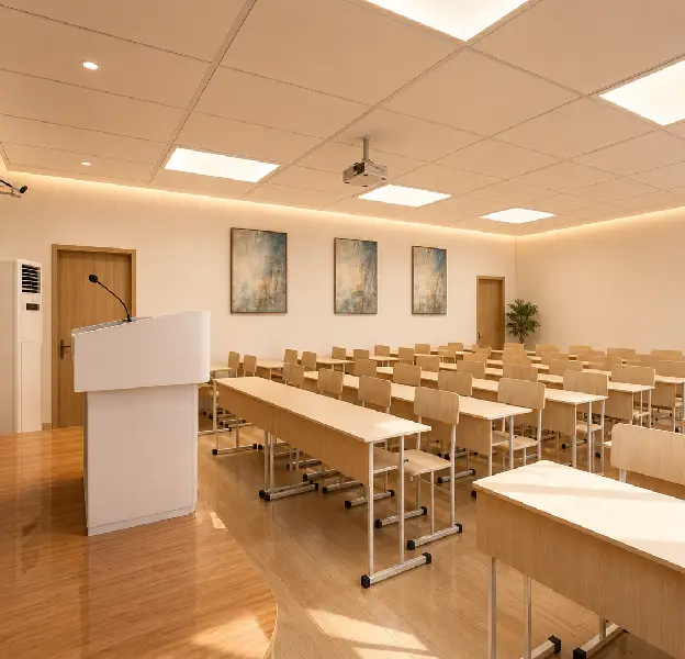 Technology-enabled classroom with ergonomic furniture and flexible learning spaces