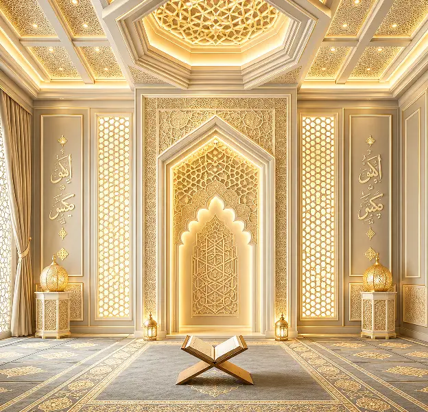 Intricate Islamic interior with custom woodwork, chandeliers, and luxurious finishes