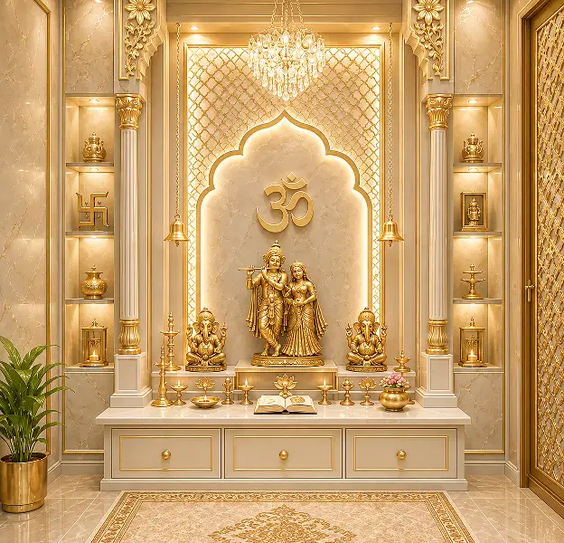 Beautiful temple sanctum with handcrafted stonework, traditional pillars, and serene lighting